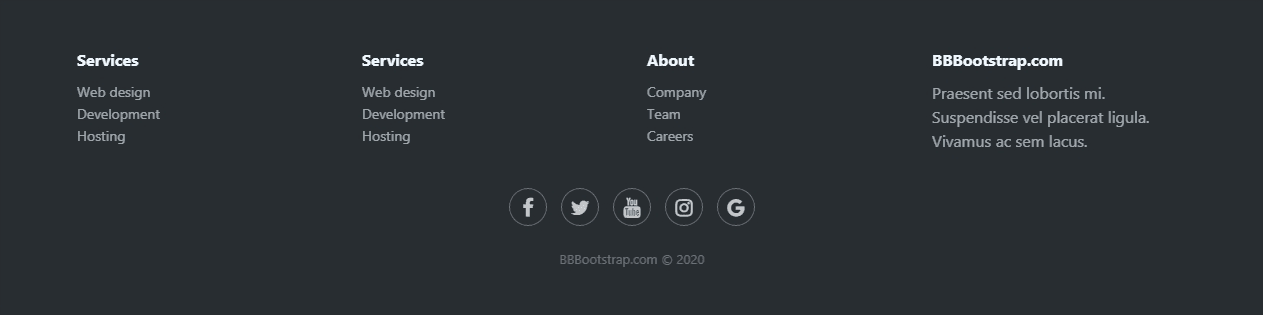 dark website footer with social media icons