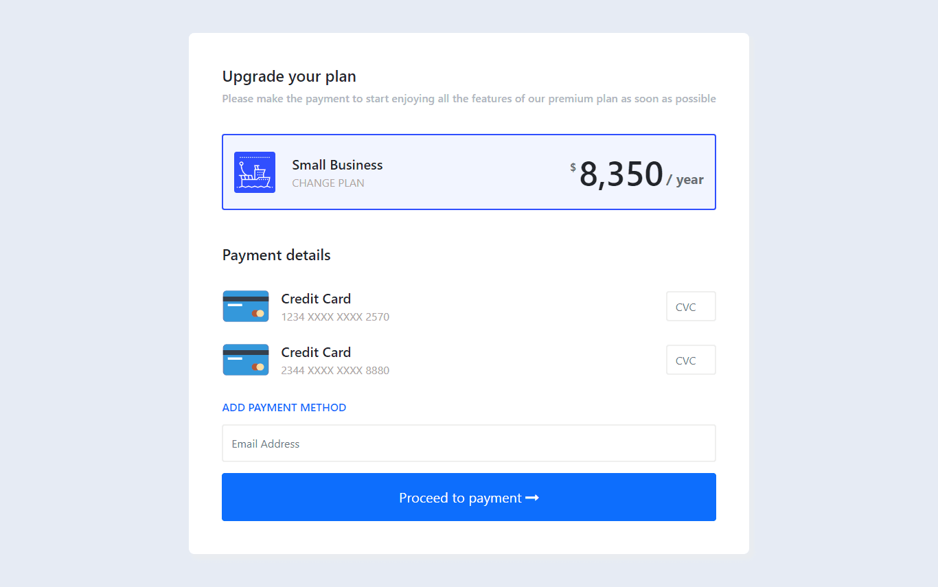 pricing plan with credit card payment details