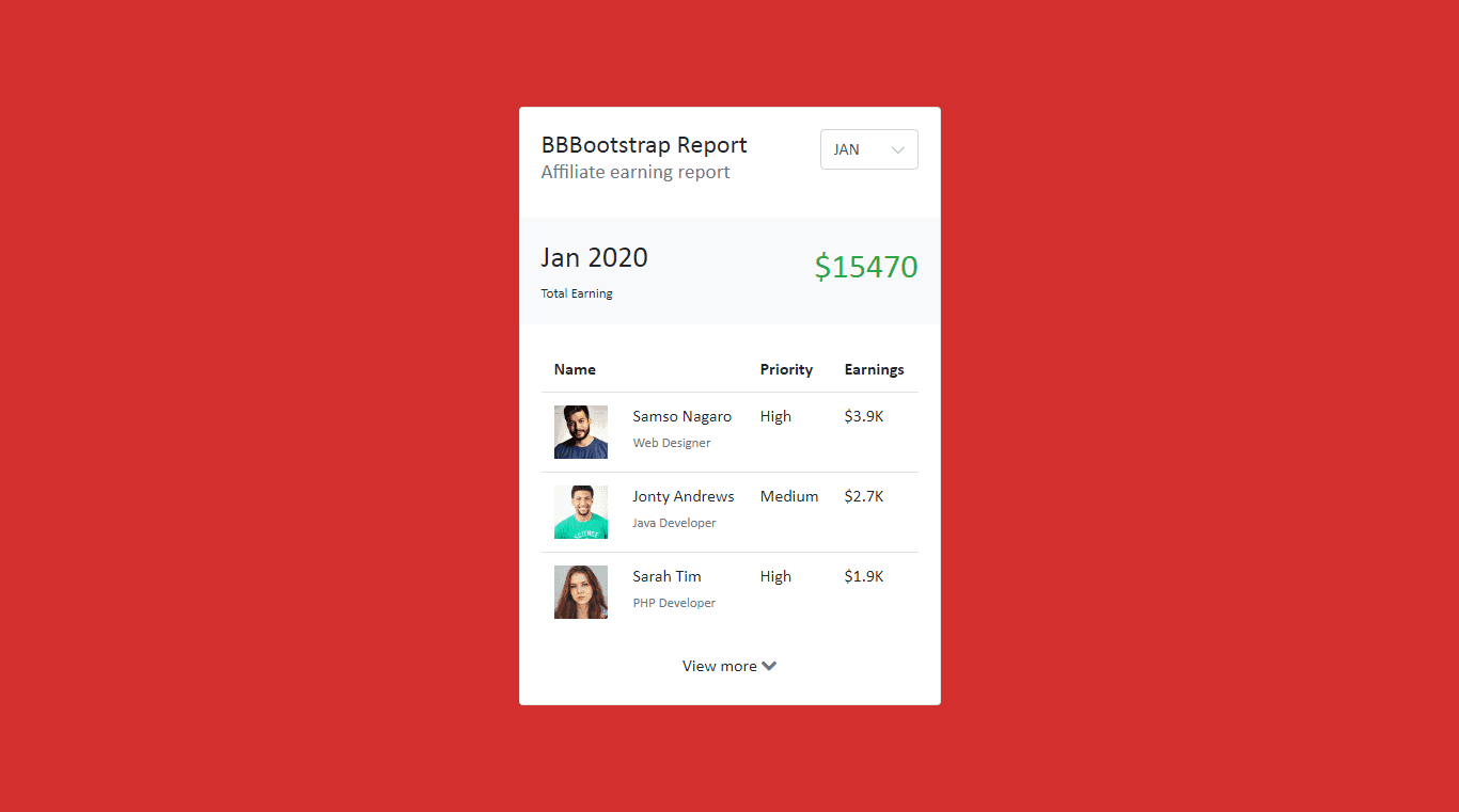 affiliate earning reports table using cards