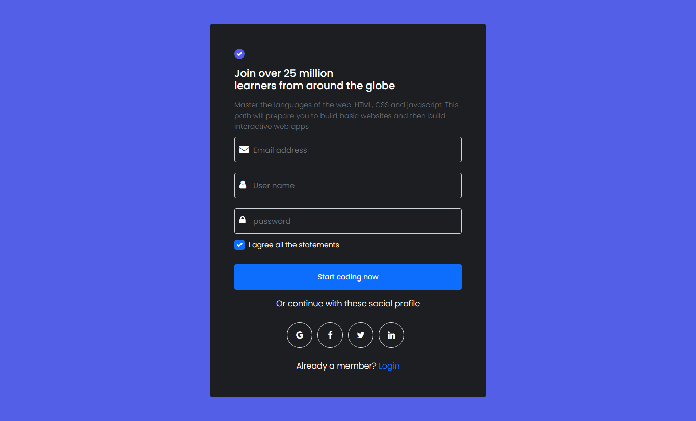 responsive registration form dark template