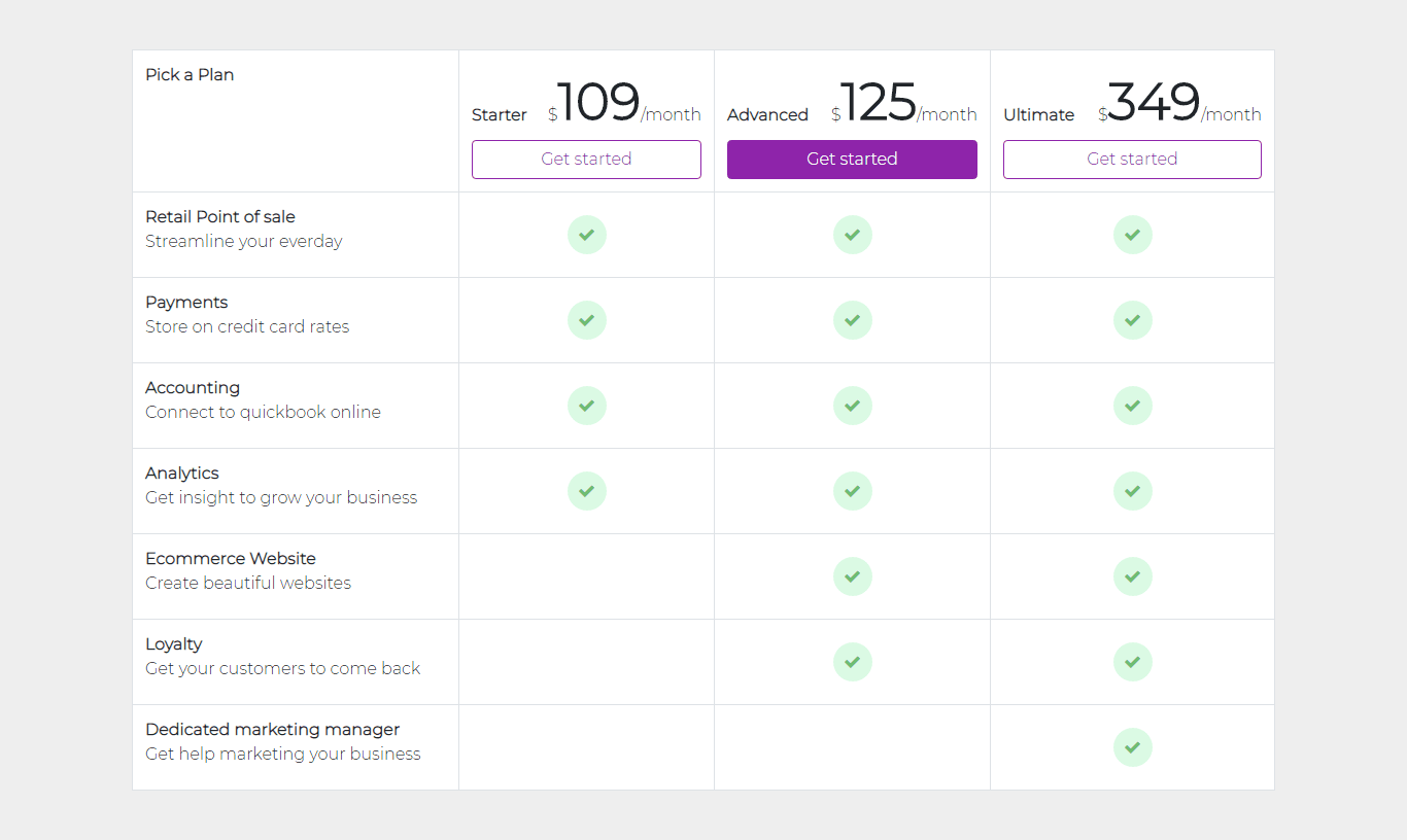 pricing table with three plans