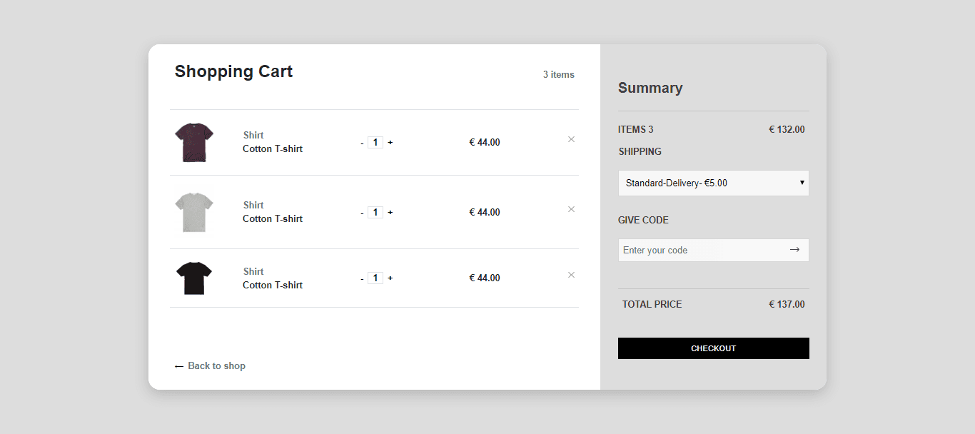 ecommerce shopping cart with item summary