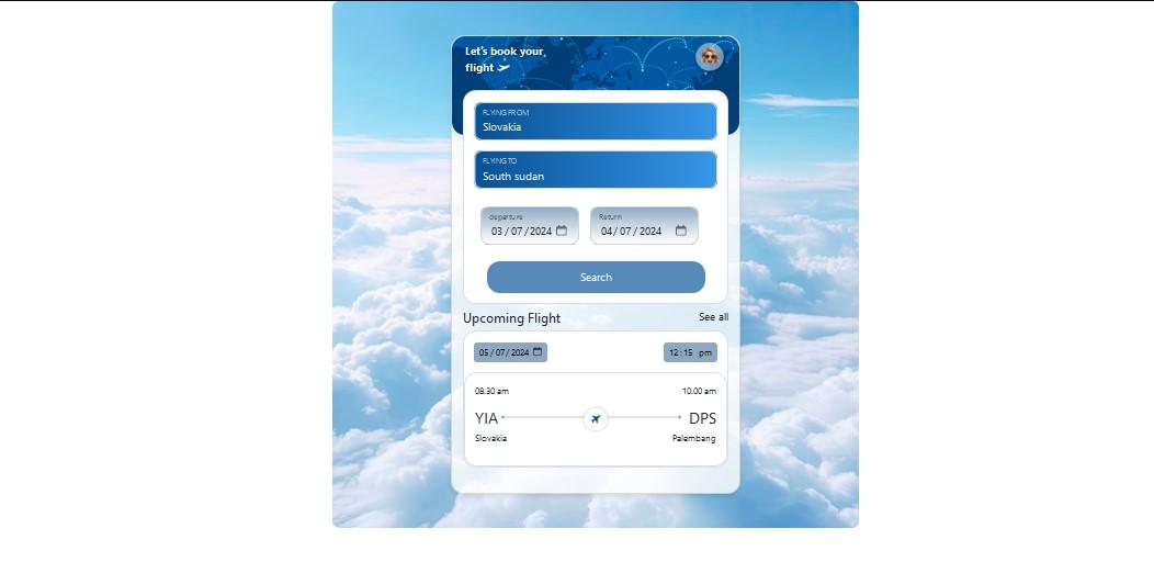 Flight booking with booking form and timeline with date and place