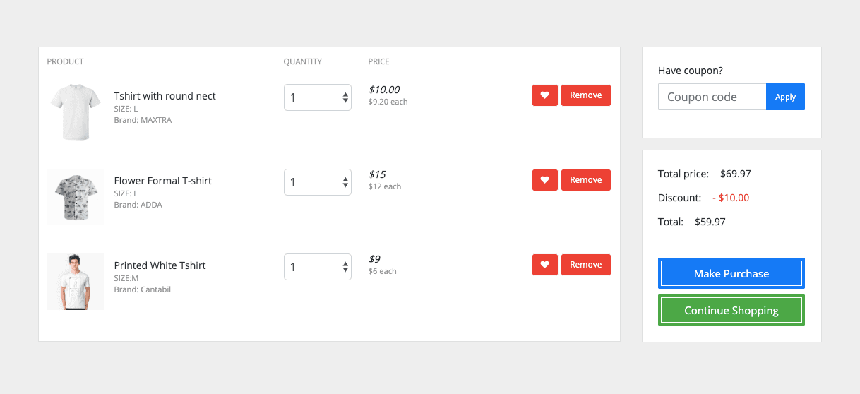 simple ecommerce shopping cart with coupon code input text