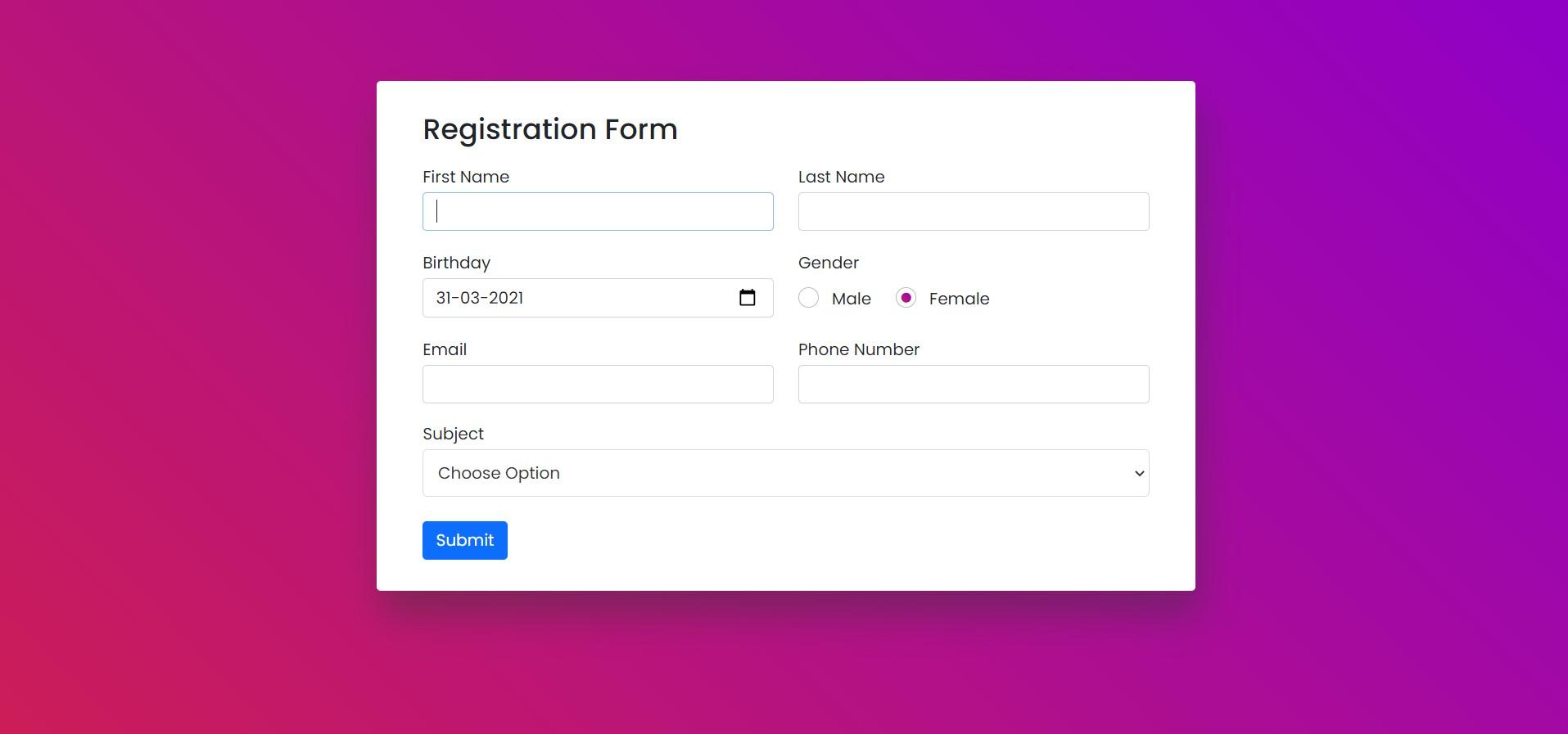 Trendy student registration form