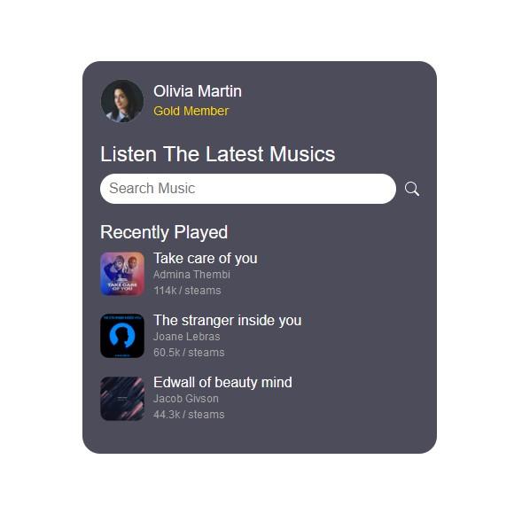 Music playlist card with search button