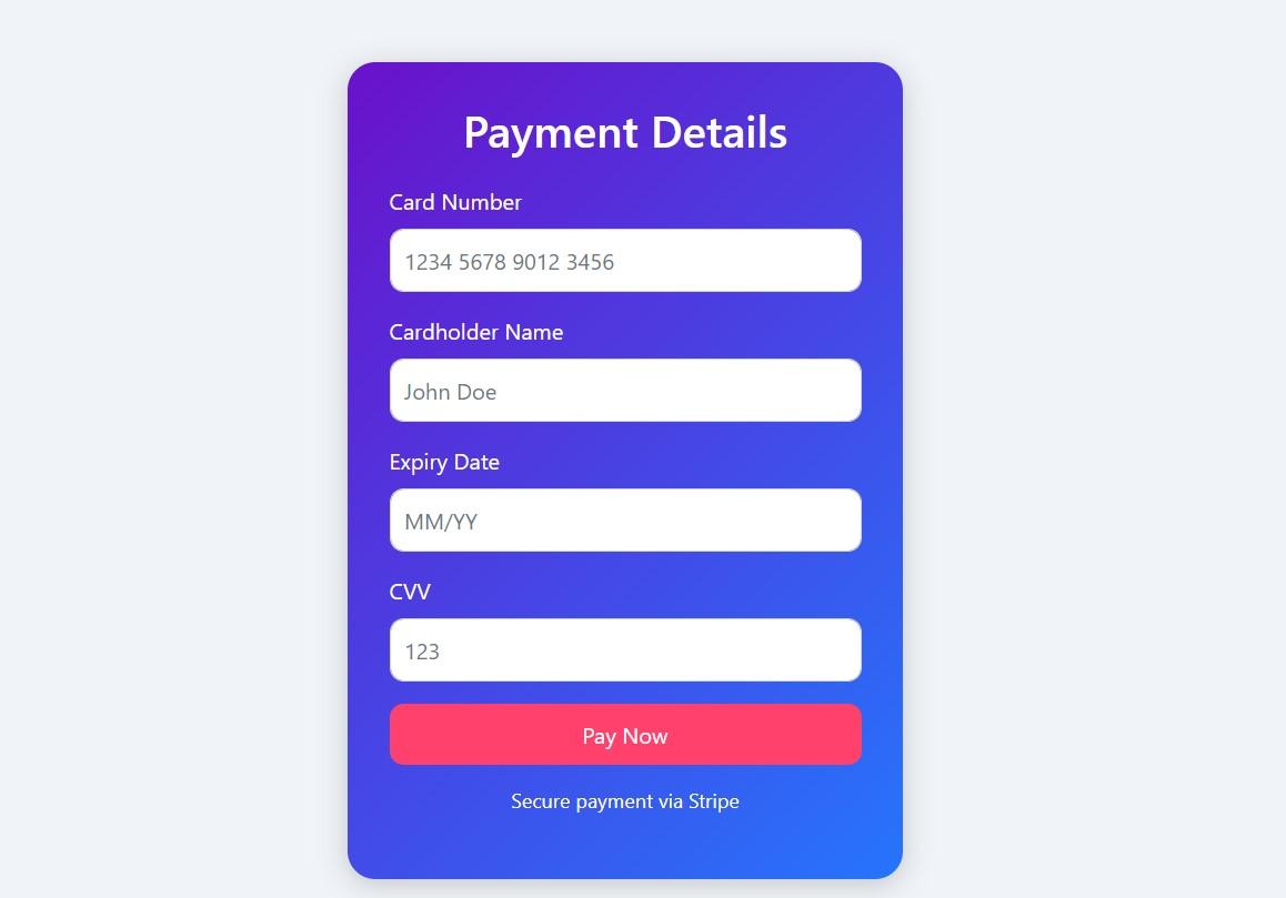 payment details card with background color